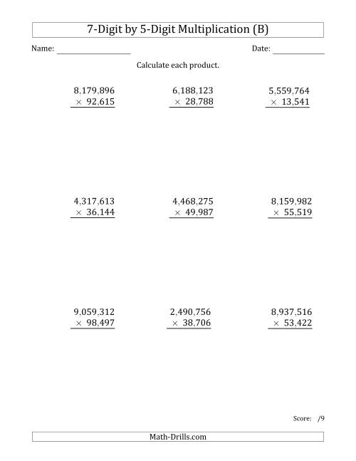 The Multiplying 7-Digit by 5-Digit Numbers with Comma-Separated Thousands (B) Math Worksheet
