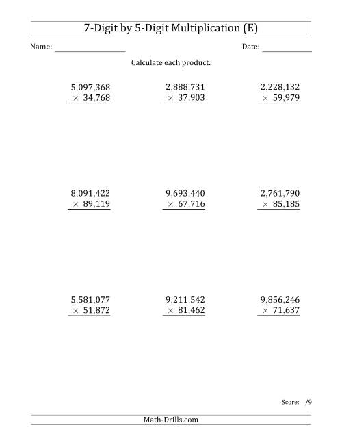 The Multiplying 7-Digit by 5-Digit Numbers with Comma-Separated Thousands (E) Math Worksheet