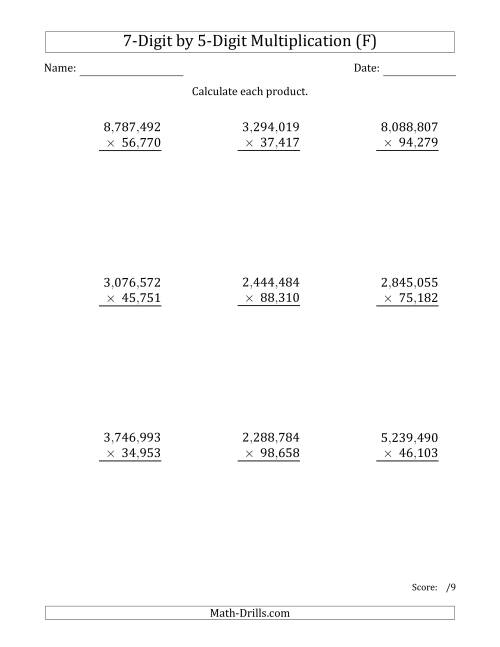 The Multiplying 7-Digit by 5-Digit Numbers with Comma-Separated Thousands (F) Math Worksheet