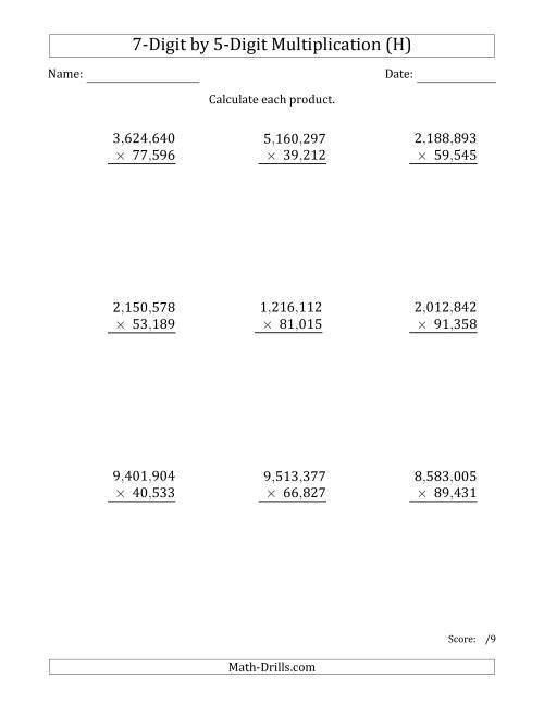 The Multiplying 7-Digit by 5-Digit Numbers with Comma-Separated Thousands (H) Math Worksheet