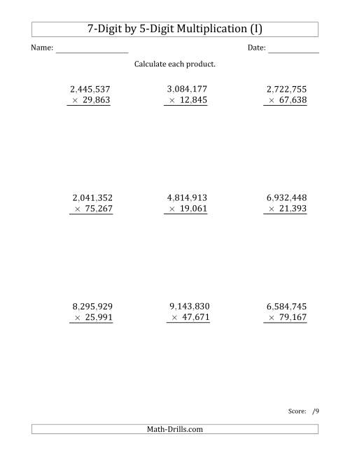 The Multiplying 7-Digit by 5-Digit Numbers with Comma-Separated Thousands (I) Math Worksheet
