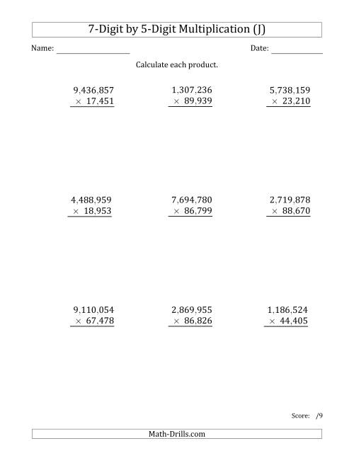 The Multiplying 7-Digit by 5-Digit Numbers with Comma-Separated Thousands (J) Math Worksheet