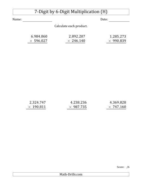 The Multiplying 7-Digit by 6-Digit Numbers with Comma-Separated Thousands (H) Math Worksheet