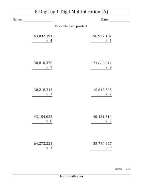 The Multiplying 8-Digit by 1-Digit Numbers with Comma-Separated Thousands (A) Math Worksheet