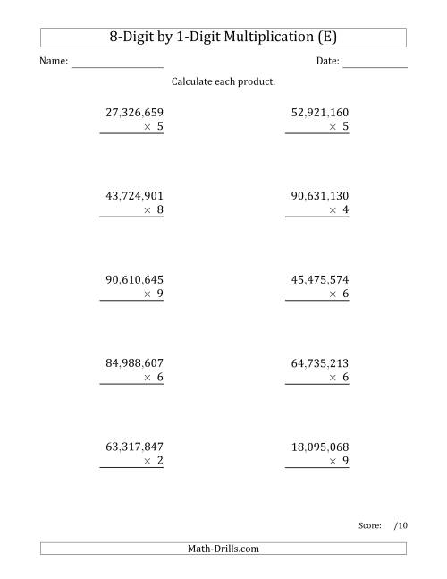 The Multiplying 8-Digit by 1-Digit Numbers with Comma-Separated Thousands (E) Math Worksheet