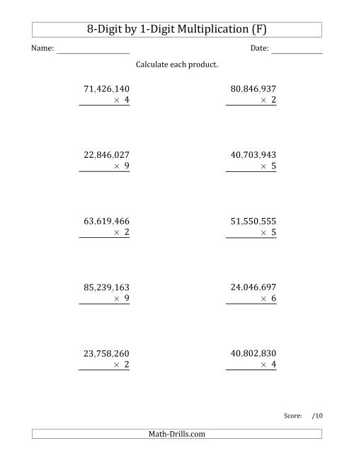 The Multiplying 8-Digit by 1-Digit Numbers with Comma-Separated Thousands (F) Math Worksheet