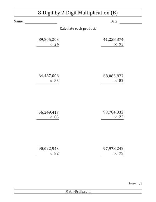 The Multiplying 8-Digit by 2-Digit Numbers with Comma-Separated Thousands (B) Math Worksheet