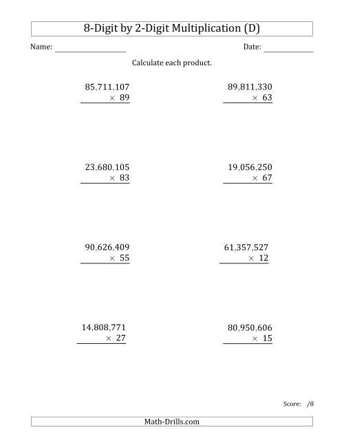 The Multiplying 8-Digit by 2-Digit Numbers with Comma-Separated Thousands (D) Math Worksheet