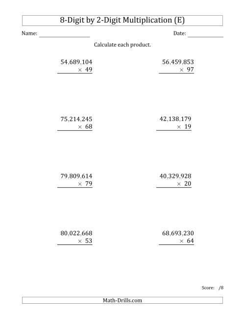 The Multiplying 8-Digit by 2-Digit Numbers with Comma-Separated Thousands (E) Math Worksheet