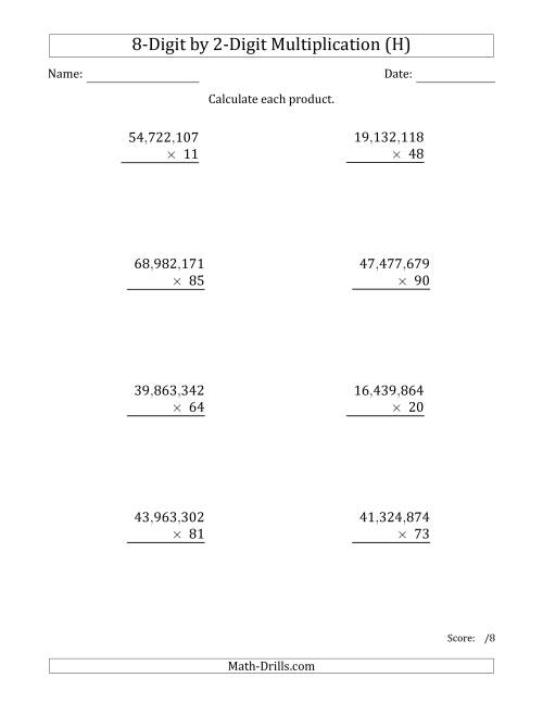 The Multiplying 8-Digit by 2-Digit Numbers with Comma-Separated Thousands (H) Math Worksheet