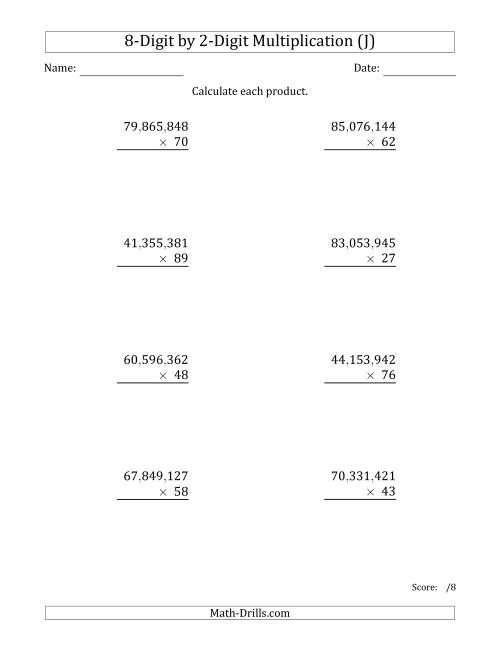 The Multiplying 8-Digit by 2-Digit Numbers with Comma-Separated Thousands (J) Math Worksheet