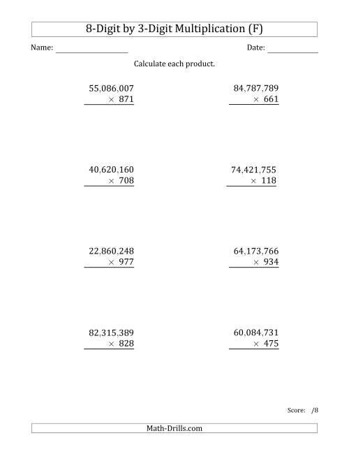 The Multiplying 8-Digit by 3-Digit Numbers with Comma-Separated Thousands (F) Math Worksheet