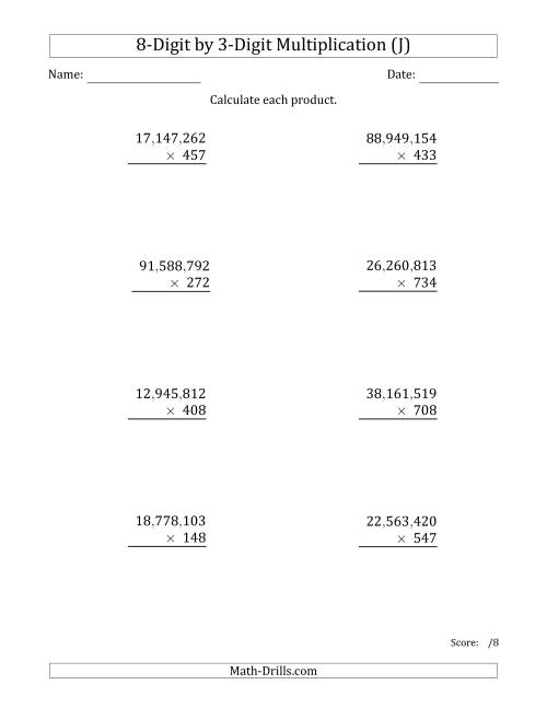 The Multiplying 8-Digit by 3-Digit Numbers with Comma-Separated Thousands (J) Math Worksheet