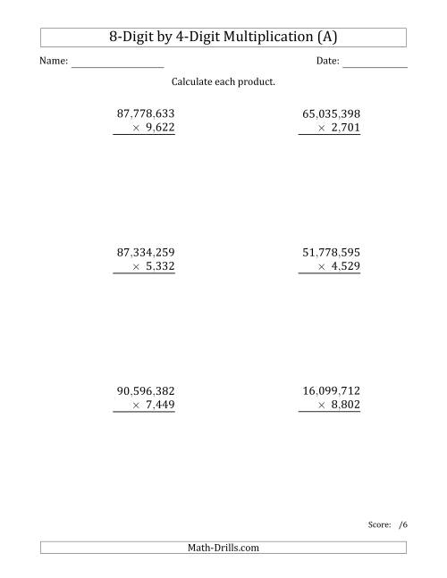 The Multiplying 8-Digit by 4-Digit Numbers with Comma-Separated Thousands (A) Math Worksheet