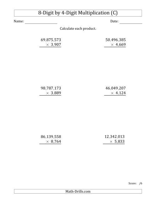 The Multiplying 8-Digit by 4-Digit Numbers with Comma-Separated Thousands (C) Math Worksheet