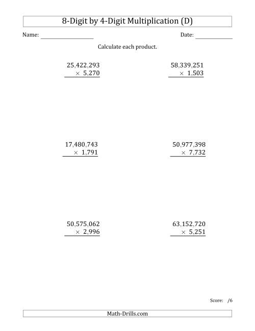 The Multiplying 8-Digit by 4-Digit Numbers with Comma-Separated Thousands (D) Math Worksheet