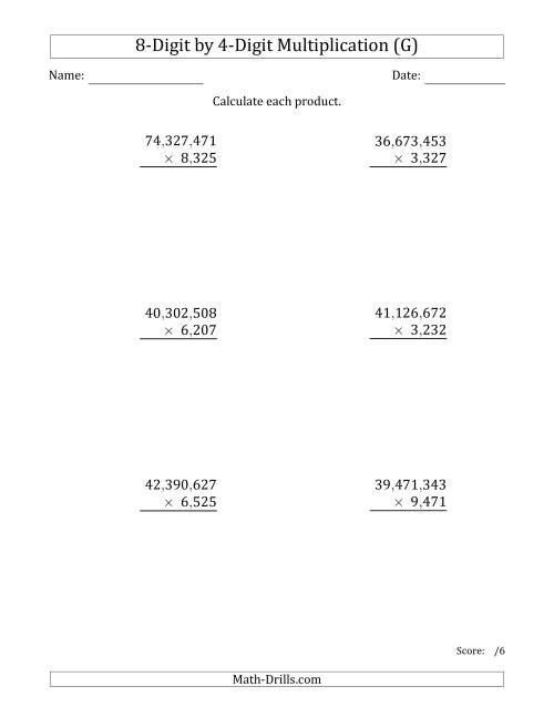 The Multiplying 8-Digit by 4-Digit Numbers with Comma-Separated Thousands (G) Math Worksheet