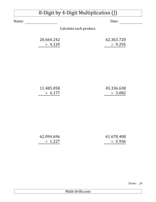 The Multiplying 8-Digit by 4-Digit Numbers with Comma-Separated Thousands (J) Math Worksheet