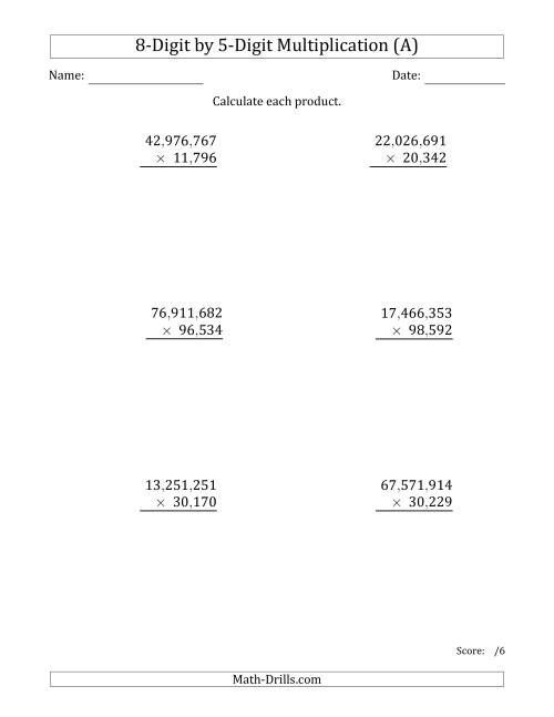The Multiplying 8-Digit by 5-Digit Numbers with Comma-Separated Thousands (A) Math Worksheet