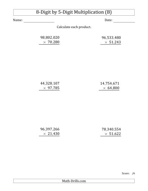 The Multiplying 8-Digit by 5-Digit Numbers with Comma-Separated Thousands (B) Math Worksheet