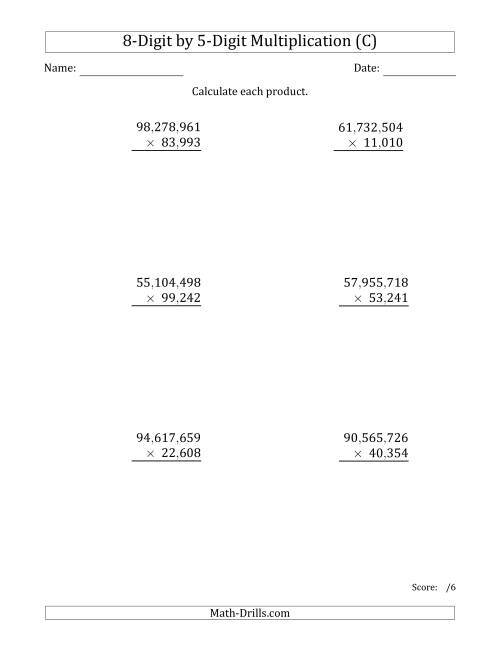 The Multiplying 8-Digit by 5-Digit Numbers with Comma-Separated Thousands (C) Math Worksheet