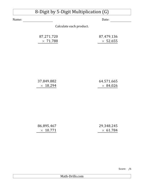 The Multiplying 8-Digit by 5-Digit Numbers with Comma-Separated Thousands (G) Math Worksheet