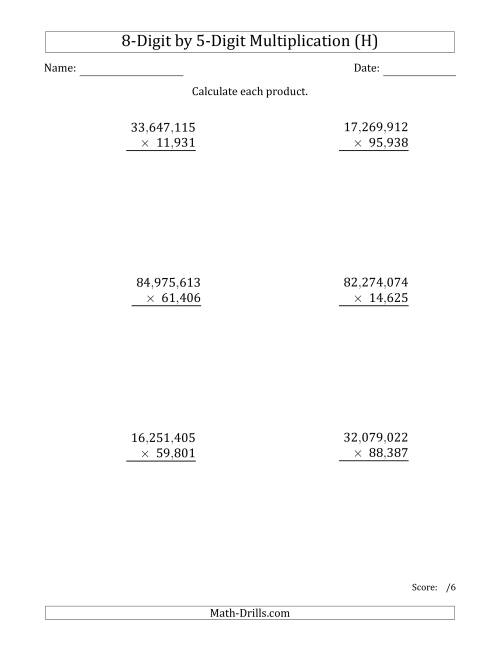 The Multiplying 8-Digit by 5-Digit Numbers with Comma-Separated Thousands (H) Math Worksheet