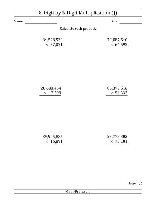 The Multiplying 8-Digit by 5-Digit Numbers with Comma-Separated Thousands (J) Math Worksheet
