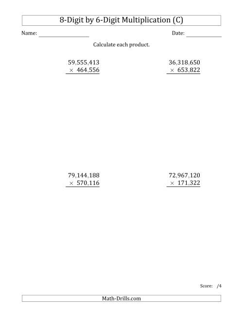 The Multiplying 8-Digit by 6-Digit Numbers with Comma-Separated Thousands (C) Math Worksheet