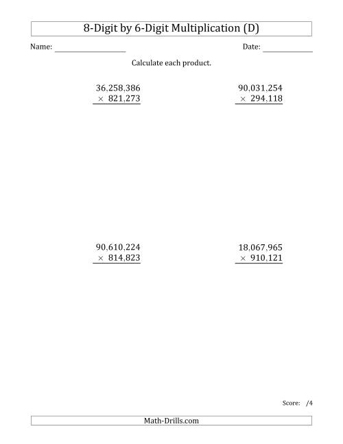 The Multiplying 8-Digit by 6-Digit Numbers with Comma-Separated Thousands (D) Math Worksheet