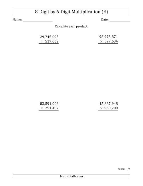 The Multiplying 8-Digit by 6-Digit Numbers with Comma-Separated Thousands (E) Math Worksheet