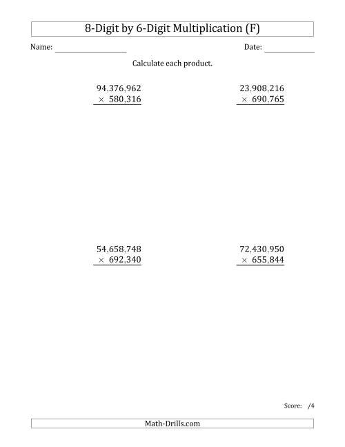 The Multiplying 8-Digit by 6-Digit Numbers with Comma-Separated Thousands (F) Math Worksheet