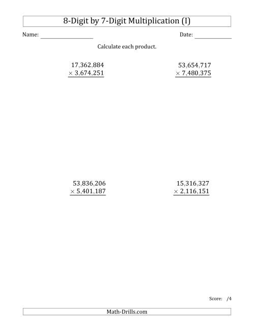 The Multiplying 8-Digit by 7-Digit Numbers with Comma-Separated Thousands (I) Math Worksheet