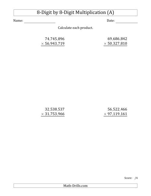 The Multiplying 8-Digit by 8-Digit Numbers with Comma-Separated Thousands (A) Math Worksheet
