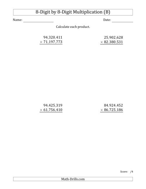 The Multiplying 8-Digit by 8-Digit Numbers with Comma-Separated Thousands (B) Math Worksheet