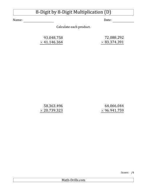 The Multiplying 8-Digit by 8-Digit Numbers with Comma-Separated Thousands (D) Math Worksheet