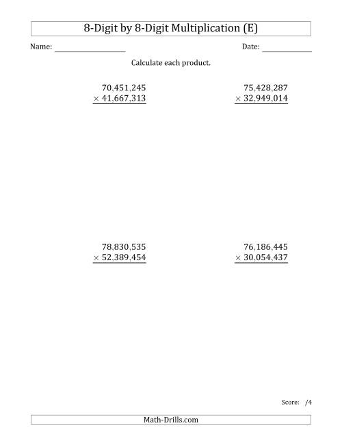 The Multiplying 8-Digit by 8-Digit Numbers with Comma-Separated Thousands (E) Math Worksheet