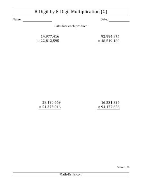 The Multiplying 8-Digit by 8-Digit Numbers with Comma-Separated Thousands (G) Math Worksheet