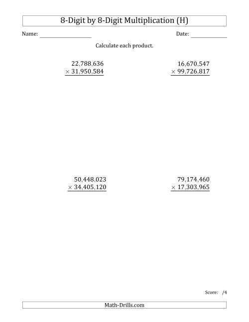 The Multiplying 8-Digit by 8-Digit Numbers with Comma-Separated Thousands (H) Math Worksheet