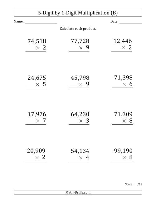 The Multiplying 5-Digit by 1-Digit Numbers (Large Print) with Comma-Separated Thousands (B) Math Worksheet