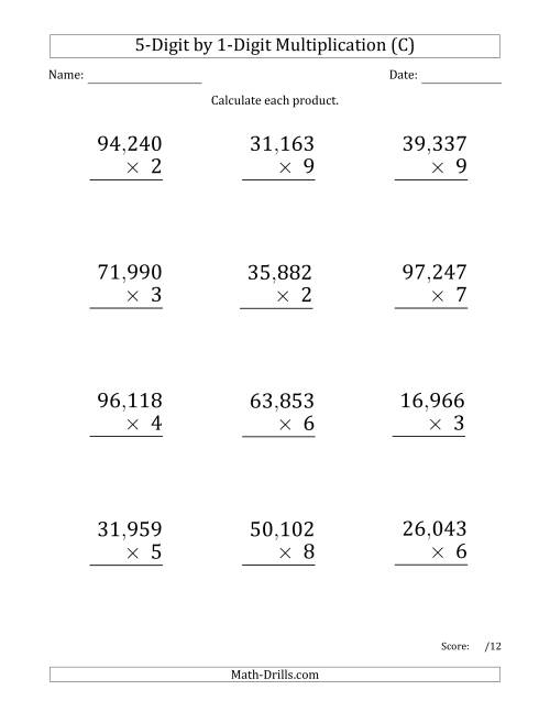The Multiplying 5-Digit by 1-Digit Numbers (Large Print) with Comma-Separated Thousands (C) Math Worksheet