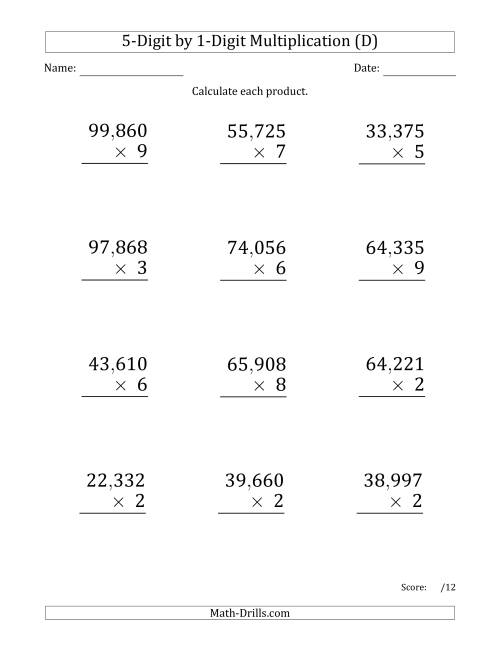 The Multiplying 5-Digit by 1-Digit Numbers (Large Print) with Comma-Separated Thousands (D) Math Worksheet