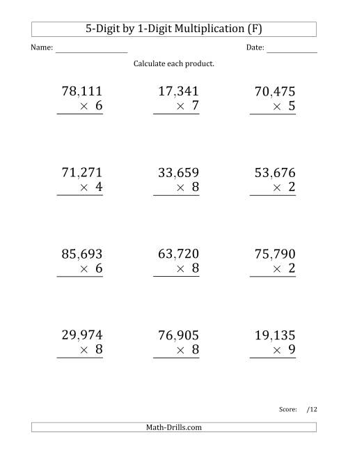 The Multiplying 5-Digit by 1-Digit Numbers (Large Print) with Comma-Separated Thousands (F) Math Worksheet