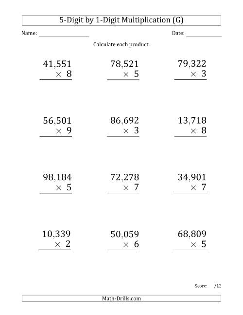 The Multiplying 5-Digit by 1-Digit Numbers (Large Print) with Comma-Separated Thousands (G) Math Worksheet