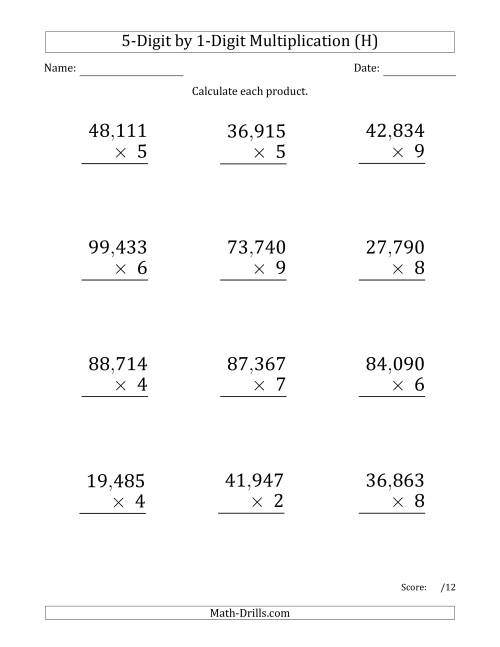 The Multiplying 5-Digit by 1-Digit Numbers (Large Print) with Comma-Separated Thousands (H) Math Worksheet