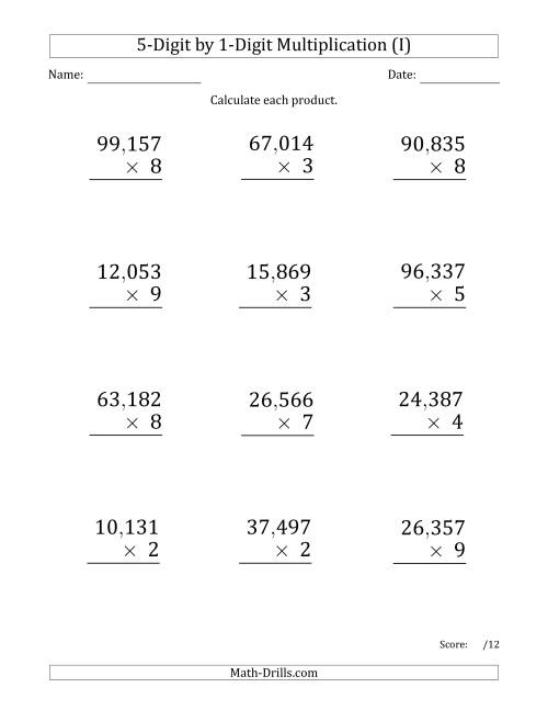 The Multiplying 5-Digit by 1-Digit Numbers (Large Print) with Comma-Separated Thousands (I) Math Worksheet