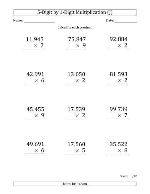 The Multiplying 5-Digit by 1-Digit Numbers (Large Print) with Comma-Separated Thousands (J) Math Worksheet