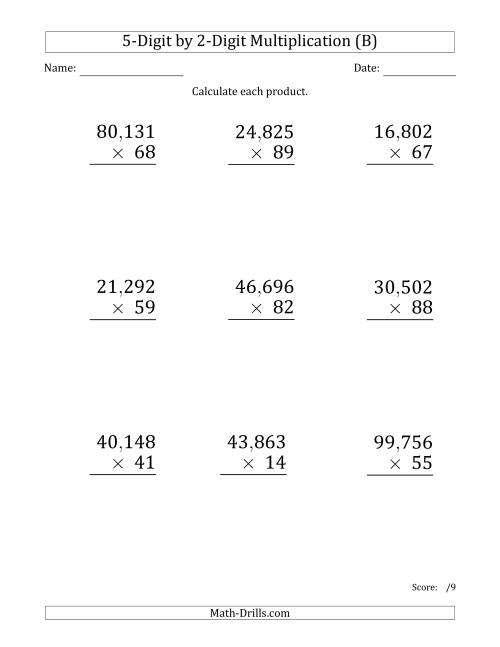 The Multiplying 5-Digit by 2-Digit Numbers (Large Print) with Comma-Separated Thousands (B) Math Worksheet