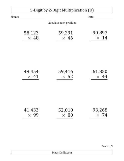 The Multiplying 5-Digit by 2-Digit Numbers (Large Print) with Comma-Separated Thousands (D) Math Worksheet