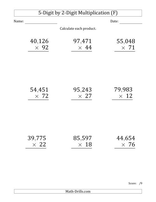 The Multiplying 5-Digit by 2-Digit Numbers (Large Print) with Comma-Separated Thousands (F) Math Worksheet